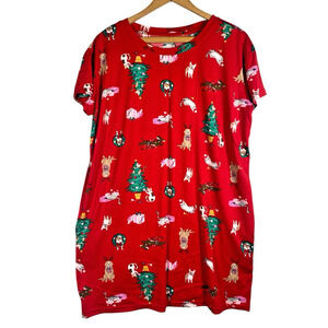 Joyspun Nightgown Small Medium Christmas Dog Cat Print Knit Soft Womens Holiday